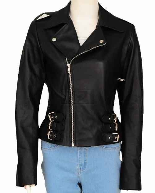 Women Black Biker Jacket - Image 5