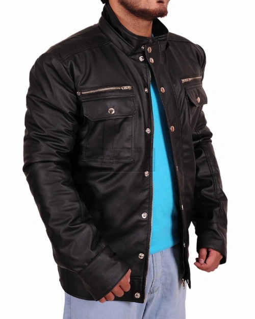 Stylish Black Hoodie Leather Jacket - image 3