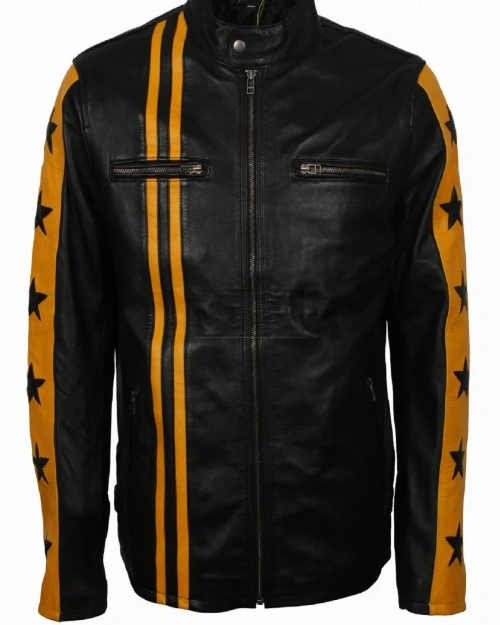 Men Yellow Stripes Biker Jacket